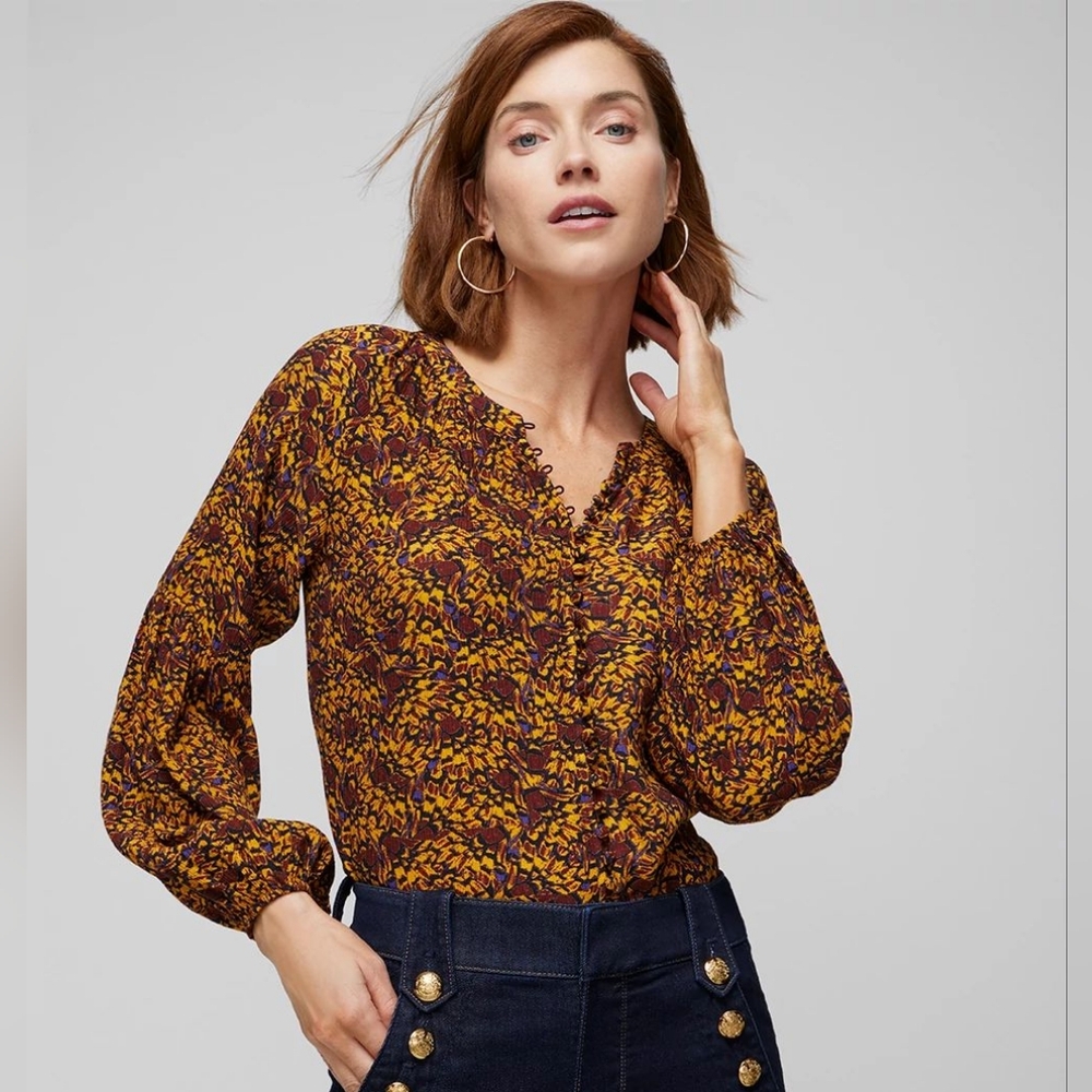 WHBM Long Sleeve High Low Printed Blouse